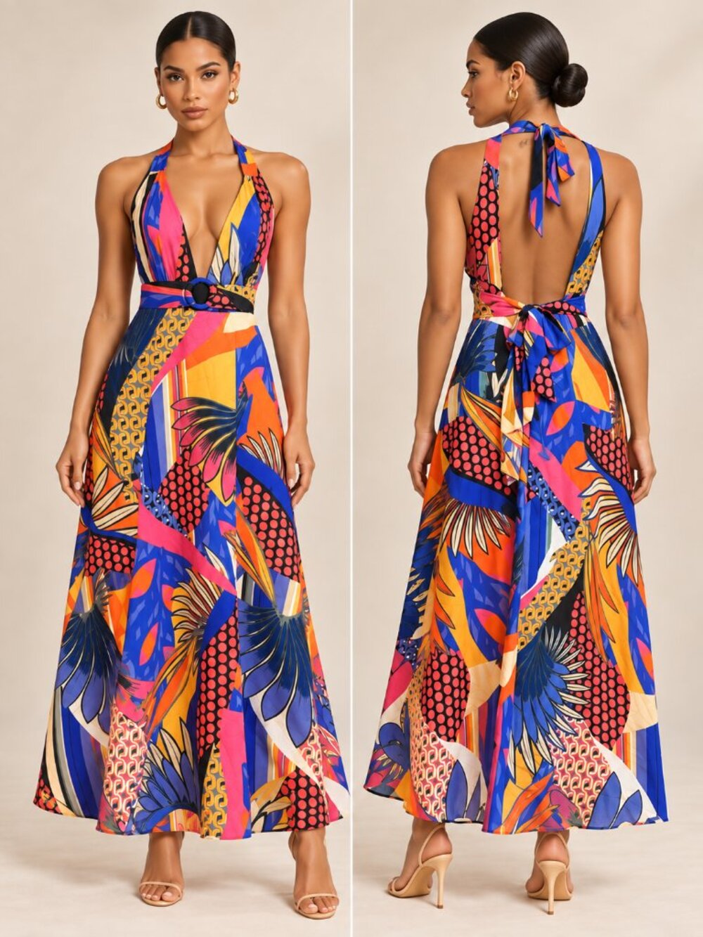 LIVE 4 TRUTH Tropical Maxi Dress Deep V Neck O Ring Open Back